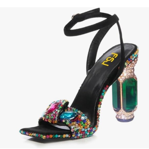 FSJ Black Gems Green Heel Open Toe Stylish Sandals Ankle Strap Ballroom Shoes - Picture 1 of 8